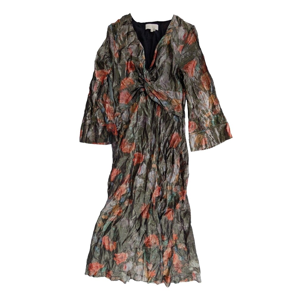 Anthropologie Caballero Deep V-Neck Maxi Dress Metallic Floral Small Petite SP